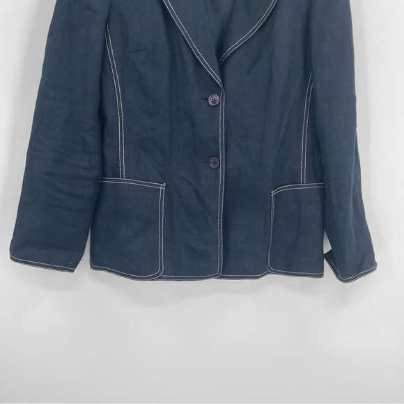 Talbots Jacket Womens Size 6 Navy Blue Linen Blazer Two Button White Stitch - Picture 3 of 7